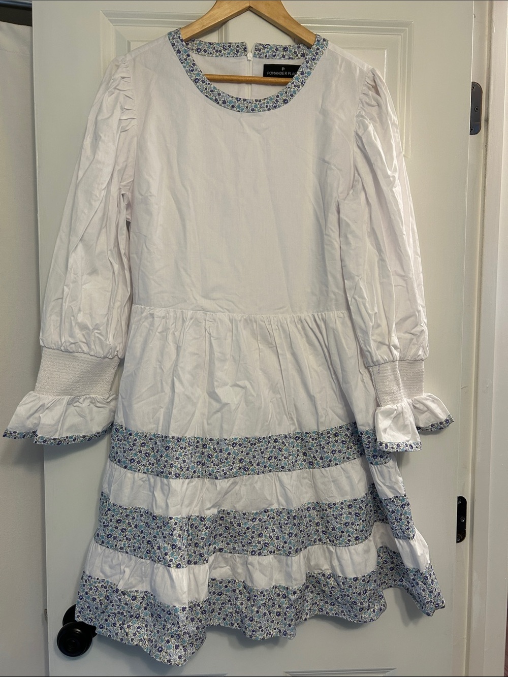 Pomander Place White Cotton Mini Dress with Blue Floral Trim